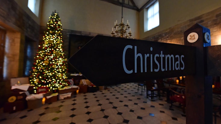 Wooden signpost directing to Christmas in the foreground, Christmas Tree with golden lights behind.